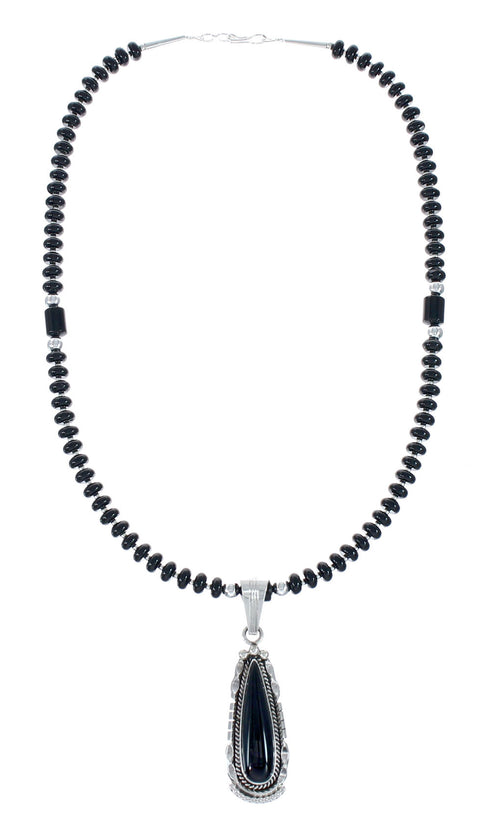 Navajo Onyx Sterling Silver Bead Necklace And Pendant Set JX130634